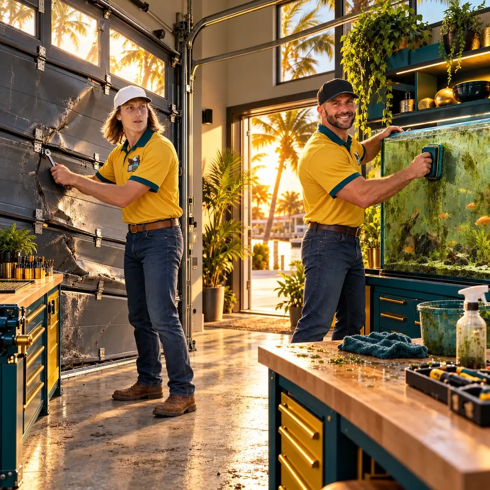 AI promotional scene of two men in gold and teal company uniforms repairing a damaged garage door and cleaning an algae-covered aquarium